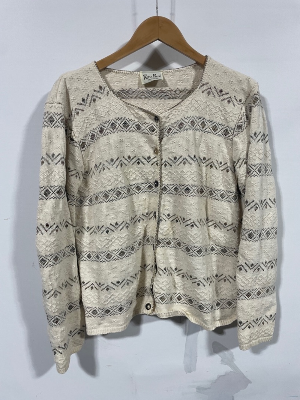 Vintage Reba Rose Cream Patterned Knit Button-Up Sweater